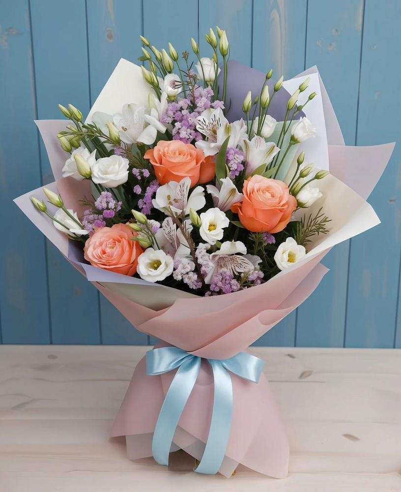 Букет цветов из: Лизиантусы, Розы, Альстромерии и Гипсофила в Ардатове Республики Мордовия